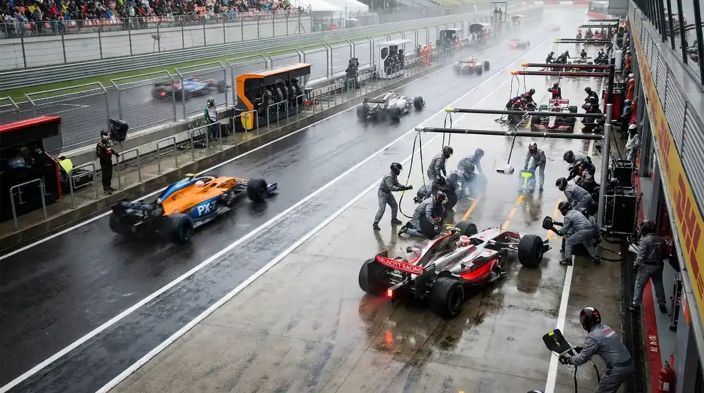 F1 пит цикъл в средата на състезание с временни лидери