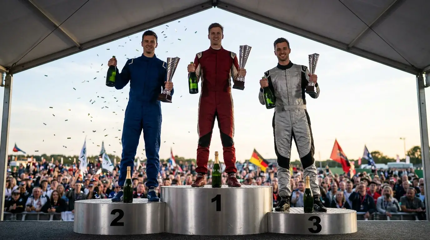 F1 подиум с трима пилоти след състезание