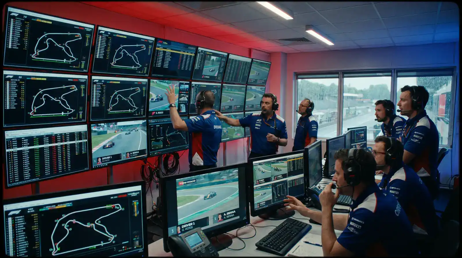 F1 race control с мониторите на live позициите