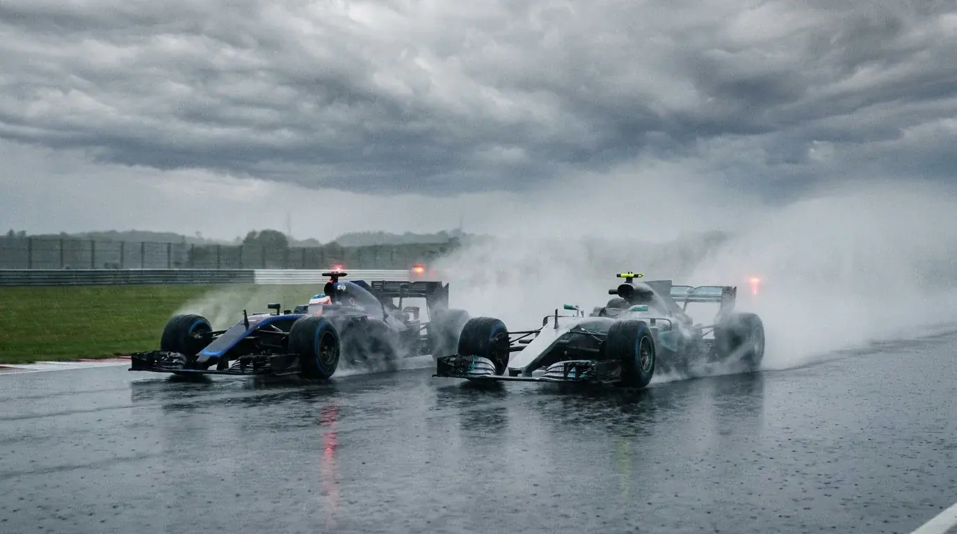F1 изпреварване в дъждовно състезание