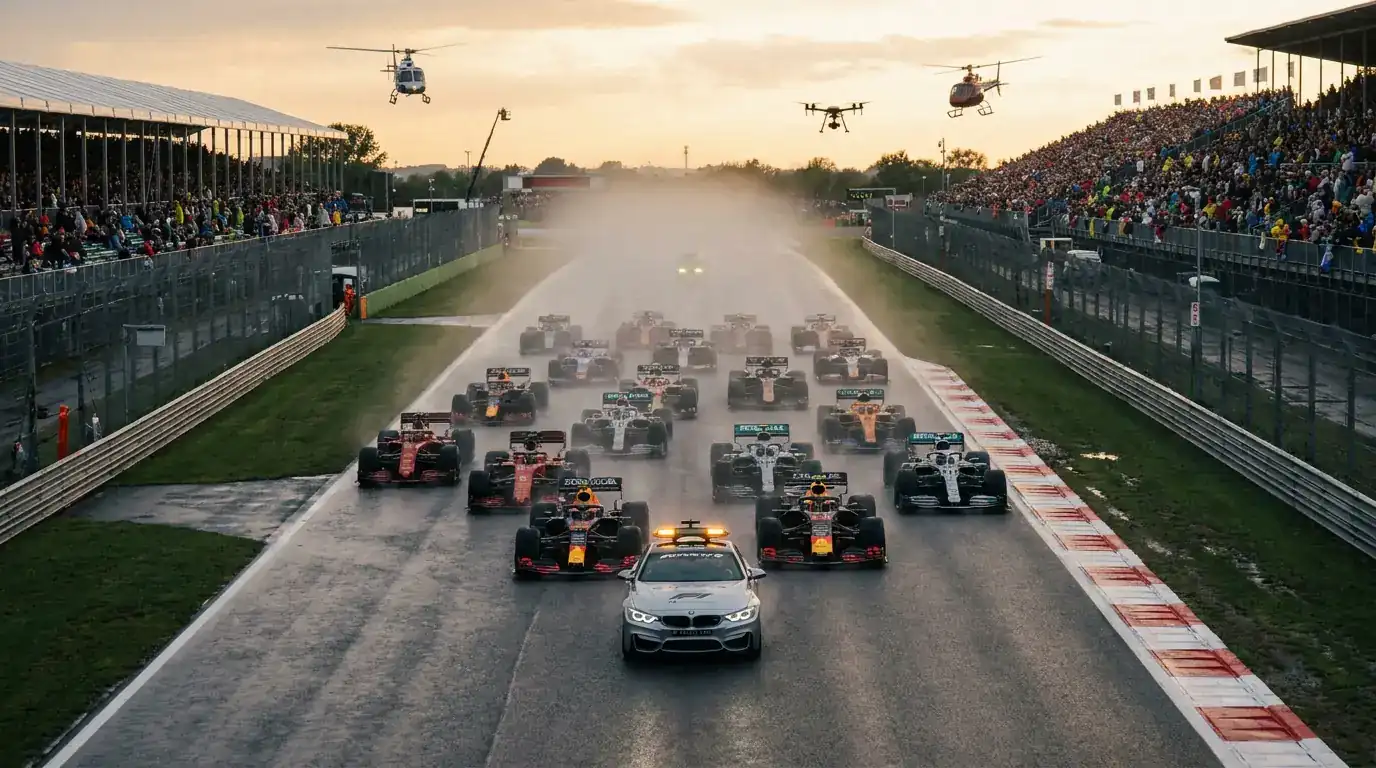 F1 safety car групира полето преди рестарт
