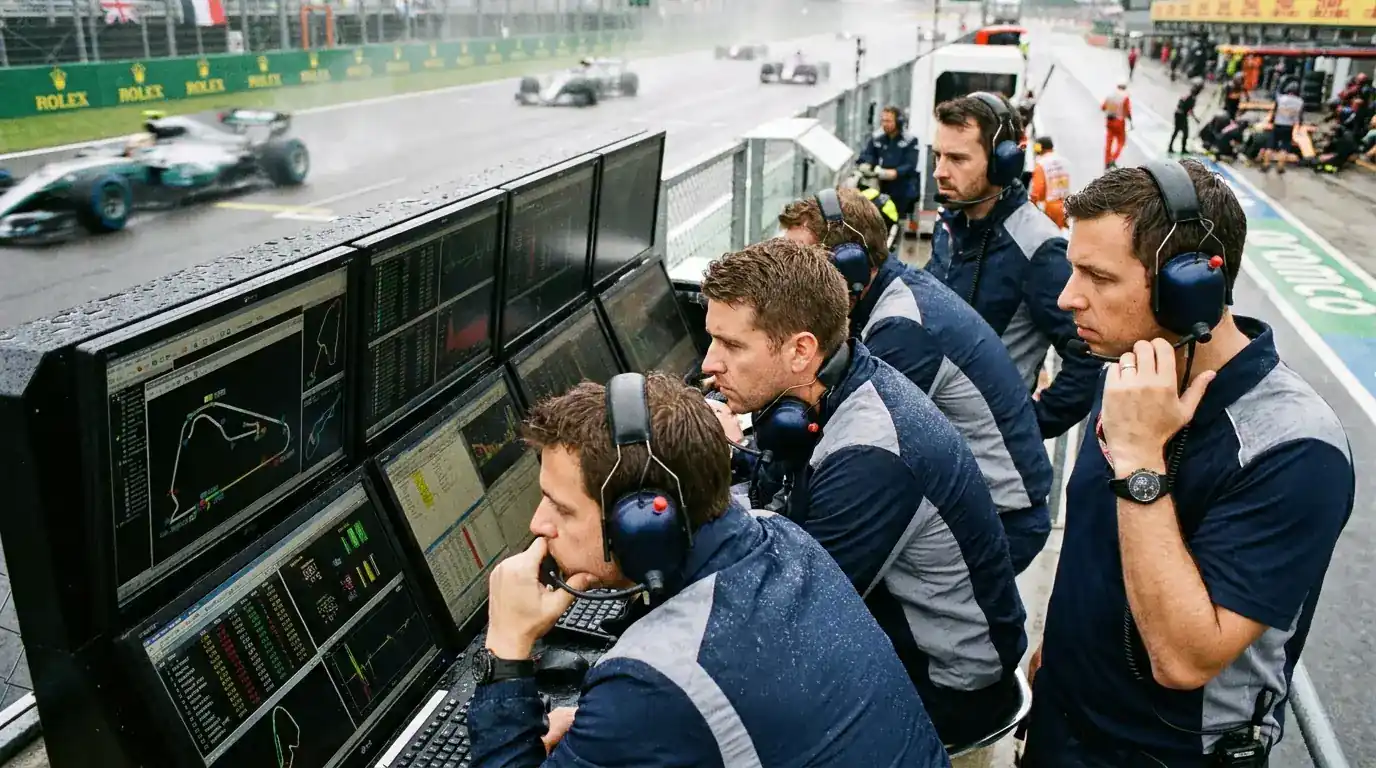 Стратегически екипажи на F1 отбор наблюдават VSC прозорец