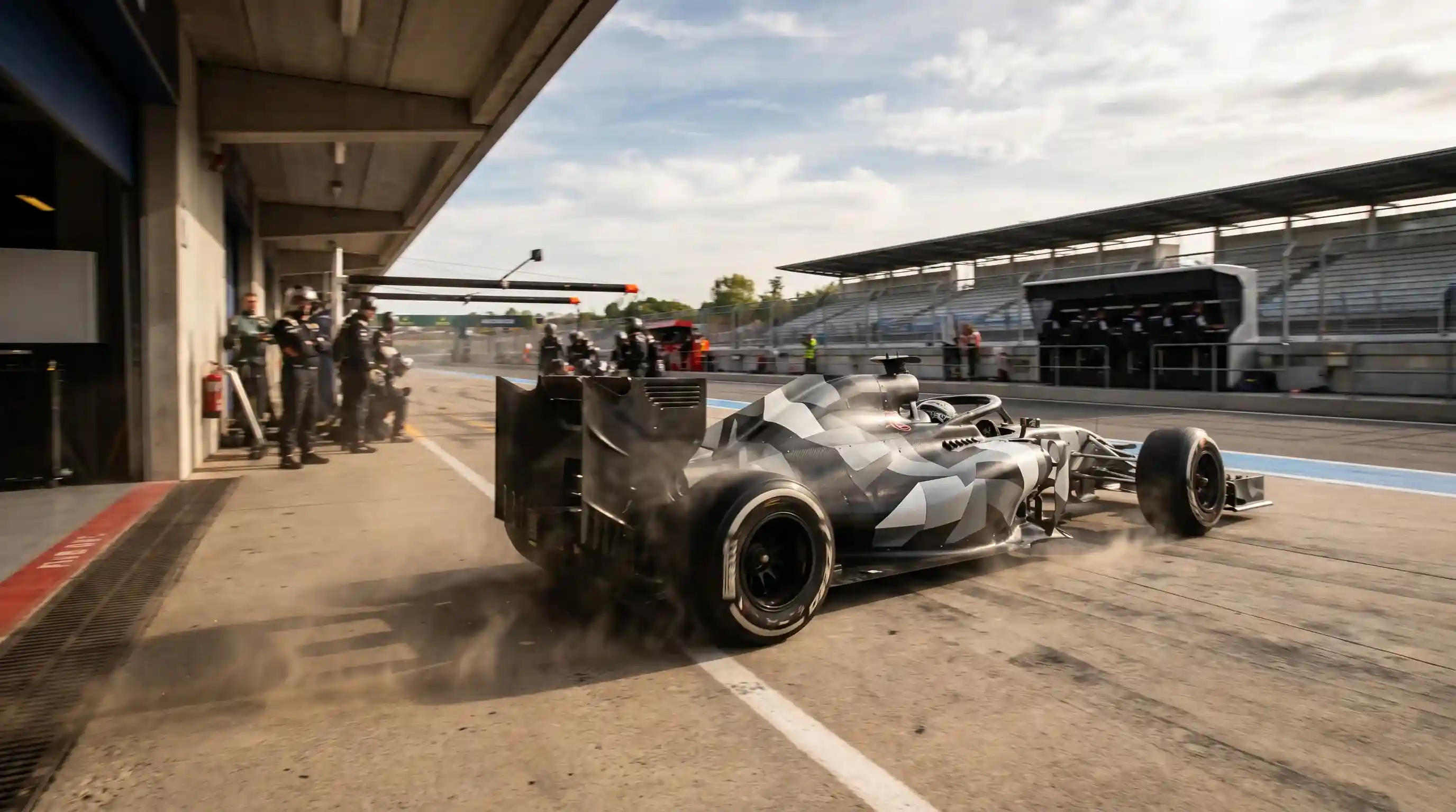 F1 болид след undercut стратегия по време на pit cycle