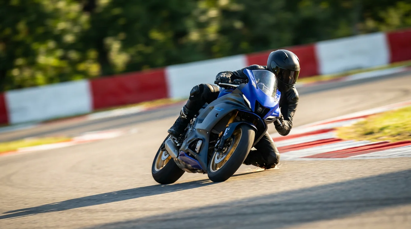Мотоциклет MotoGP в дълбок наклон с коляното до асфалта в завой