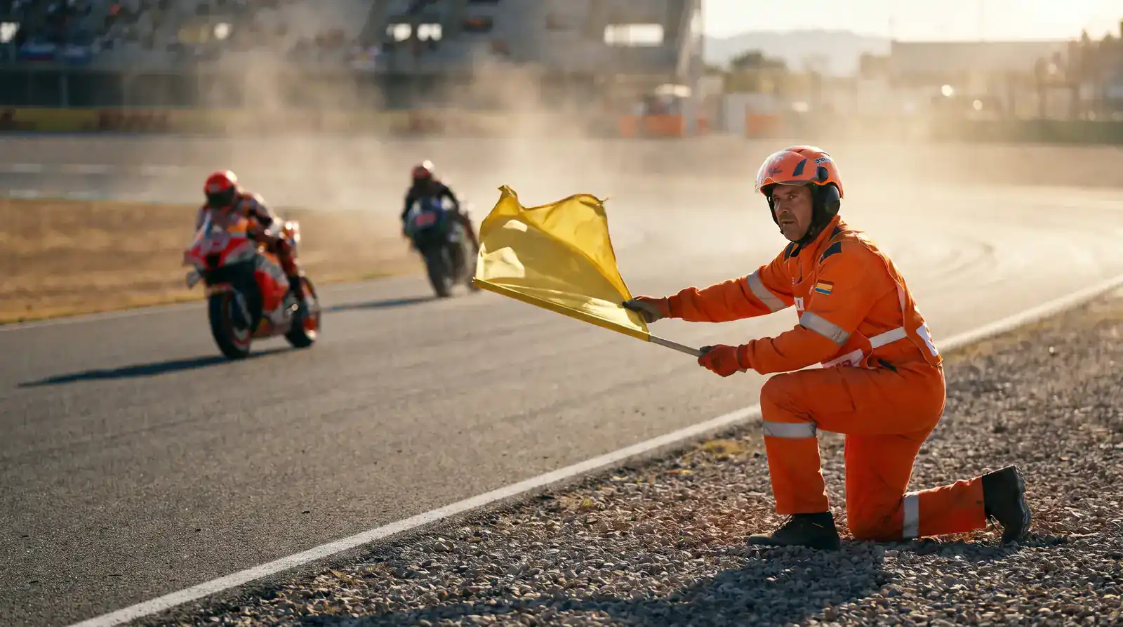 MotoGP маршал размахва жълт флаг след инцидент