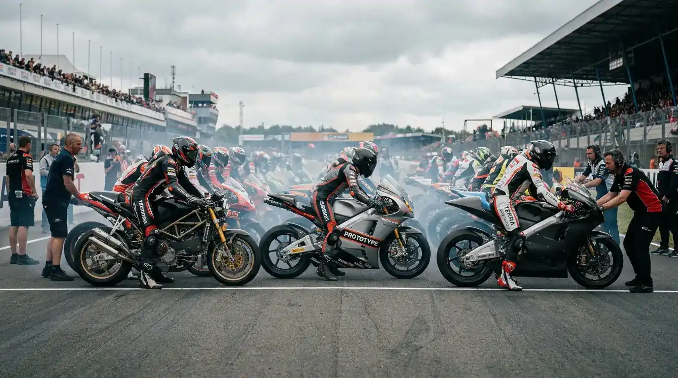 MotoGP стартова решетка с мотоциклети от различни производители