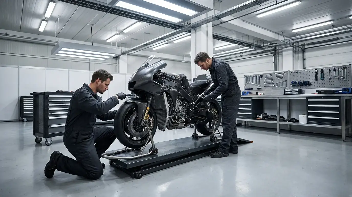 Механици на MotoGP работят по мотоциклет в падока преди състезание