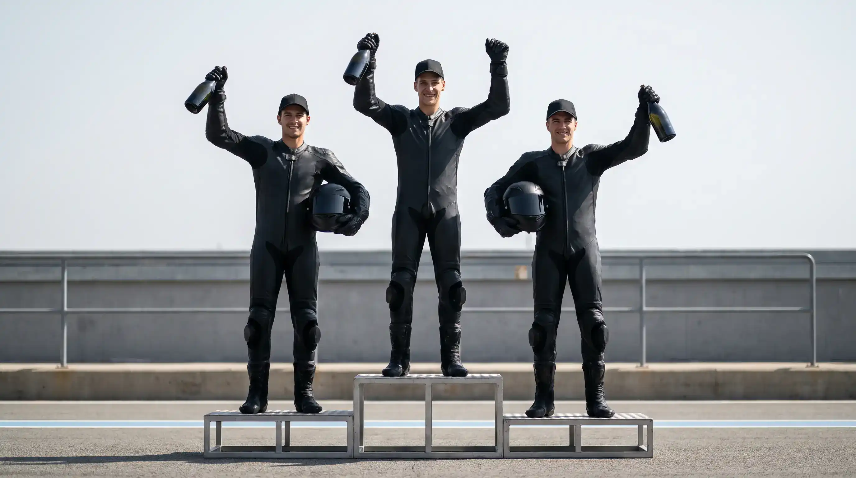 Тримата победители на подиума на състезание MotoGP с шампанско