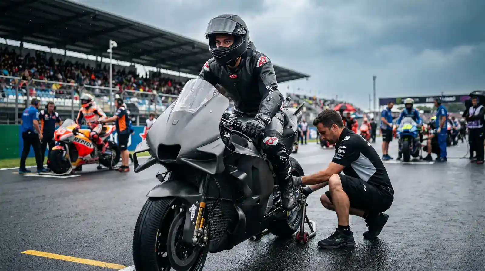 MotoGP ездач на решетка преди рестарт на състезание