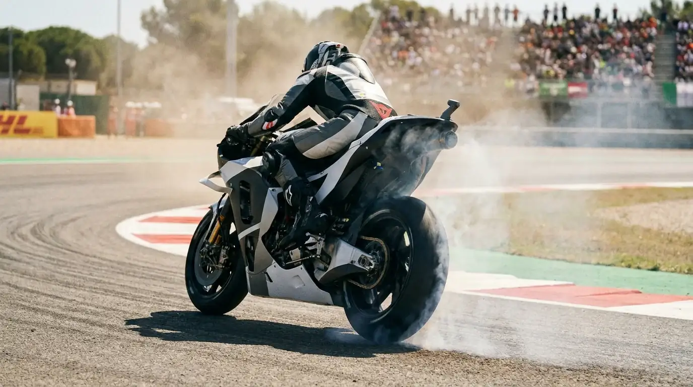 MotoGP ездач при изход от завой в стабилен темп