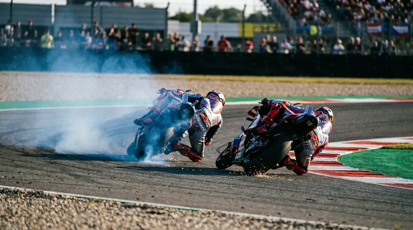 MotoGP ездач изпреварва в завой в края на надпреварата