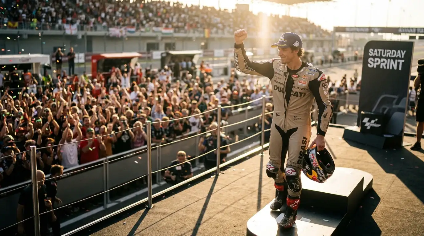 MotoGP ездач празнува победа в съботен спринт