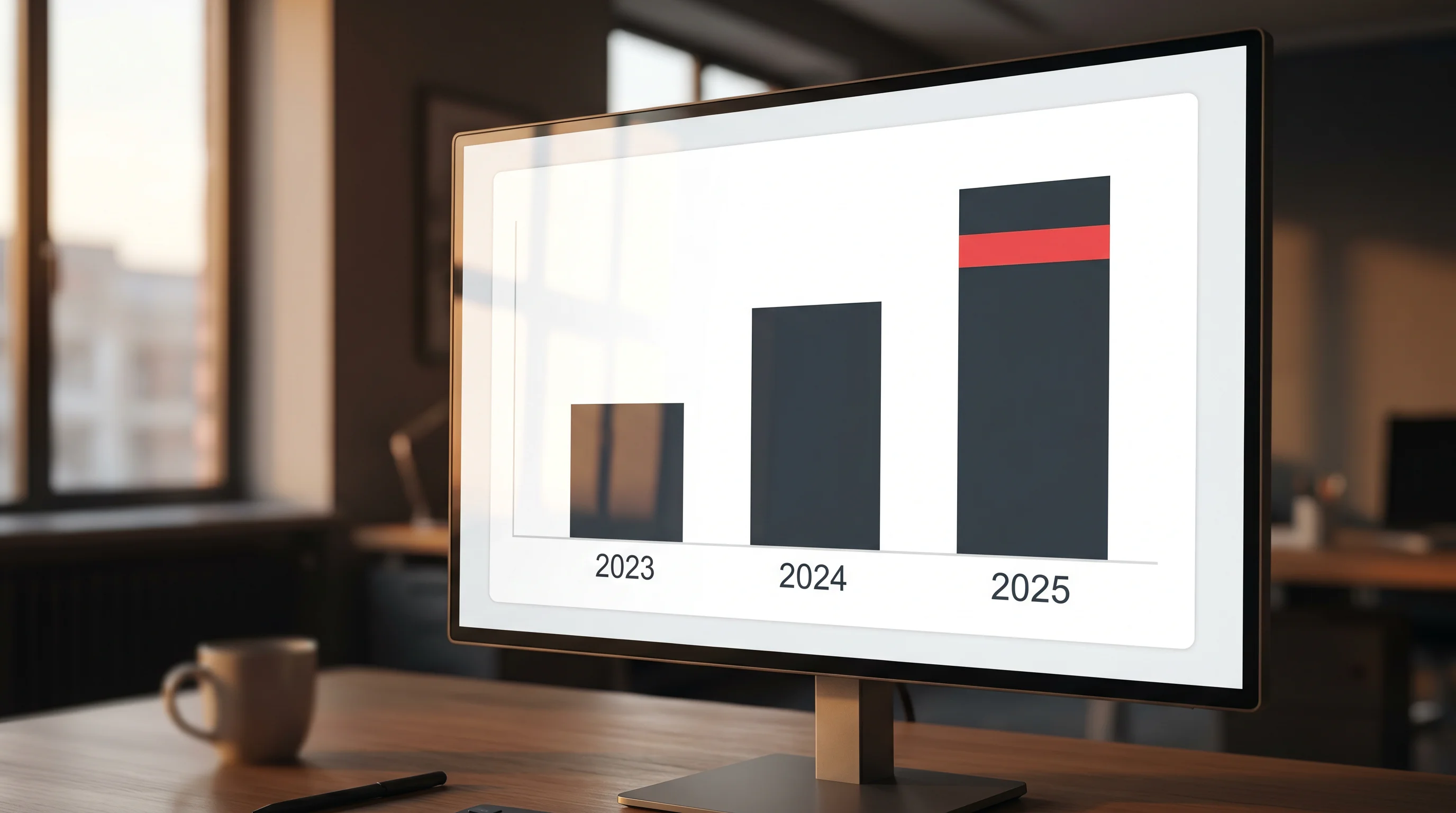 Стълбова диаграма на нарастващия онлайн оборот в България 2023, 2024 и 2025 година